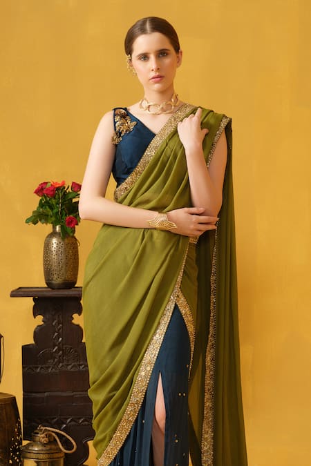 Shop_Abstract By Megha Jain Madaan_Blue Silk, Cotton Border Embellished Pre-draped Skirt Saree With Blouse _Online_at_Aza_Fashions