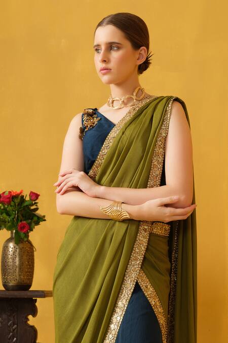 Abstract By Megha Jain Madaan_Blue Silk, Cotton Border Embellished Pre-draped Skirt Saree With Blouse _at_Aza_Fashions