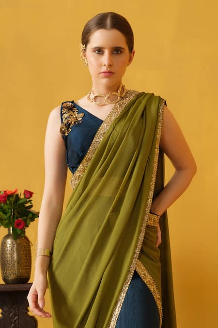Buy_Abstract By Megha Jain Madaan_Blue Silk, Cotton Border Embellished Pre-draped Skirt Saree With Blouse 