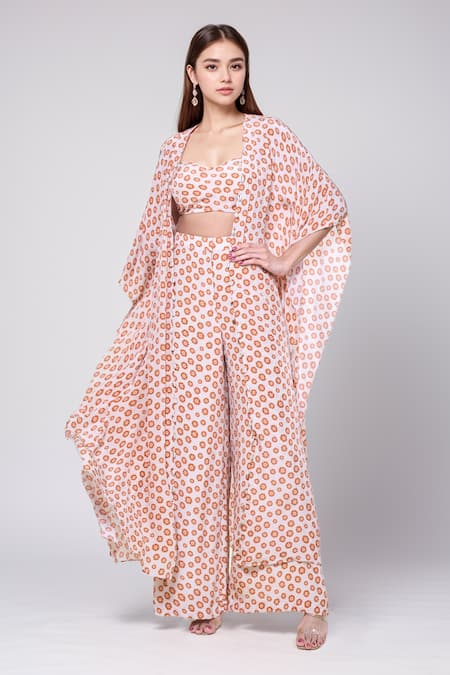 Arpita Mehta White Crepe Silk Printed Sand And Toasted Blouse & Orange Butti Cape Pant Set 