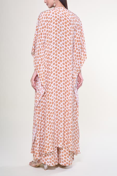 Shop Arpita Mehta White Crepe, Silk Pearls Sand And Toasted Orange Butti Print Cape Pant Set at Aza Fashions Shop_Arpita Mehta_White Crepe, Silk Pearls Sand And Toasted Orange Butti Print Cape Pant Set _at_Aza_Fashions