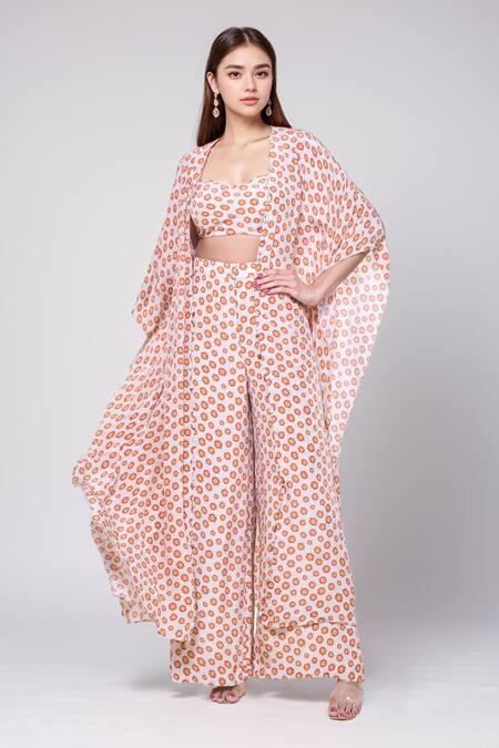 Arpita Mehta White Crepe, Silk Pearls Sand And Toasted Orange Butti Print Cape Pant Set Online at Aza Fashions Arpita Mehta_White Crepe, Silk Pearls Sand And Toasted Orange Butti Print Cape Pant Set _Online_at_Aza_Fashions