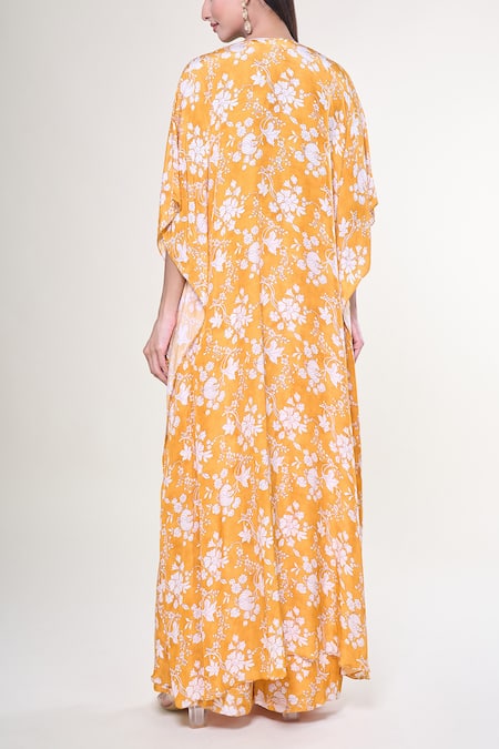 Shop Arpita Mehta Yellow Crepe, Silk Pearls Sweetheart Neck Mango And Floral Print Cape Pant Set at Aza Fashions Shop_Arpita Mehta_Yellow Crepe, Silk Pearls Sweetheart Neck Mango And Floral Print Cape Pant Set _at_Aza_Fashions