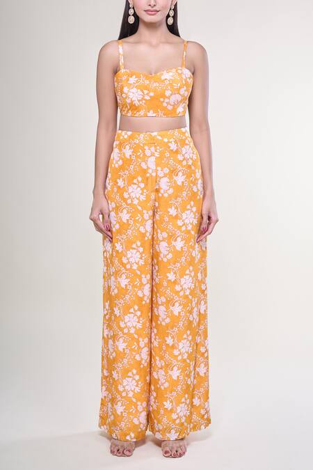 Buy Arpita Mehta Yellow Crepe, Silk Pearls Sweetheart Neck Mango And Floral Print Cape Pant Set Online at Aza Fashions Buy_Arpita Mehta_Yellow Crepe, Silk Pearls Sweetheart Neck Mango And Floral Print Cape Pant Set _Online_at_Aza_Fashions