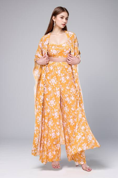 Arpita Mehta Yellow Crepe, Silk Pearls Sweetheart Neck Mango And Floral Print Cape Pant Set Online at Aza Fashions Arpita Mehta_Yellow Crepe, Silk Pearls Sweetheart Neck Mango And Floral Print Cape Pant Set _Online_at_Aza_Fashions