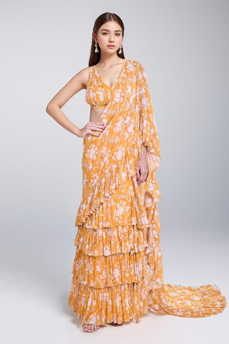 Arpita Mehta Yellow Plunge Neck Floral Print Pre-draped Ruffle Saree With Blouse Online at Aza Fashions Arpita Mehta_Yellow Plunge Neck Floral Print Pre-draped Ruffle Saree With Blouse _Online_at_Aza_Fashions