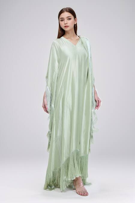 Arpita Mehta_Green Silk Fringe V-neck Kaftan Kurta Set_Online_at_Aza_Fashions