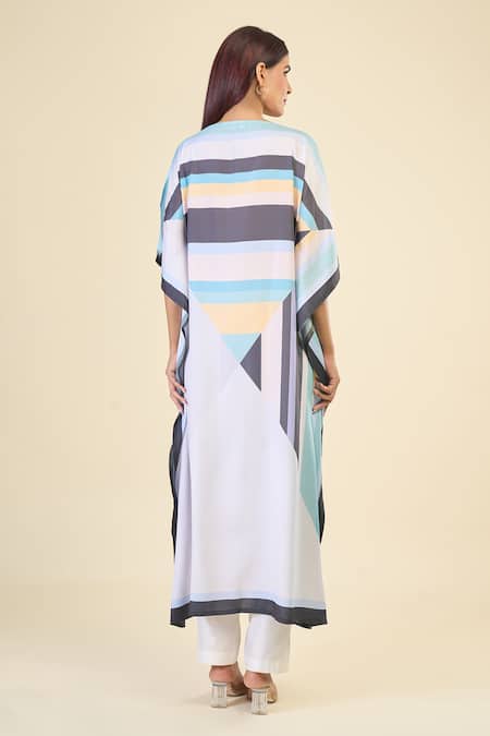 Shop Naintara Bajaj Blue Silk, Crepe Boat Neck Stripe Pattern Print Slit Sleeve Kaftan at Aza Fashions Shop_Naintara Bajaj_Blue Silk, Crepe Boat Neck Stripe Pattern Print Slit Sleeve Kaftan _at_Aza_Fashions