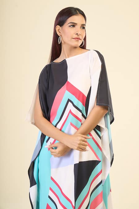 Shop_Naintara Bajaj_Beige Georgette Boat Neck Geometric Print Asymmetric Straight Kaftan _Online_at_Aza_Fashions