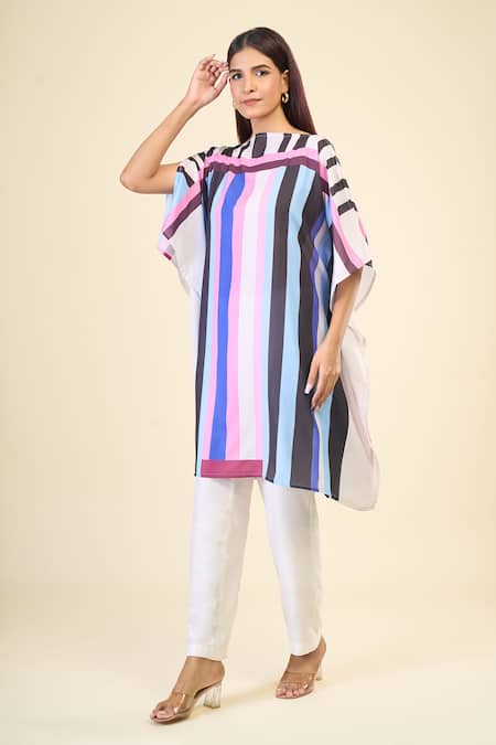 Naintara Bajaj_Multi Color Georgette Boat Neck Stripe Print Asymmetric Short Kaftan _Online_at_Aza_Fashions