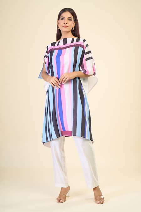 Buy_Naintara Bajaj_Multi Color Georgette Boat Neck Stripe Print Asymmetric Short Kaftan _Online_at_Aza_Fashions