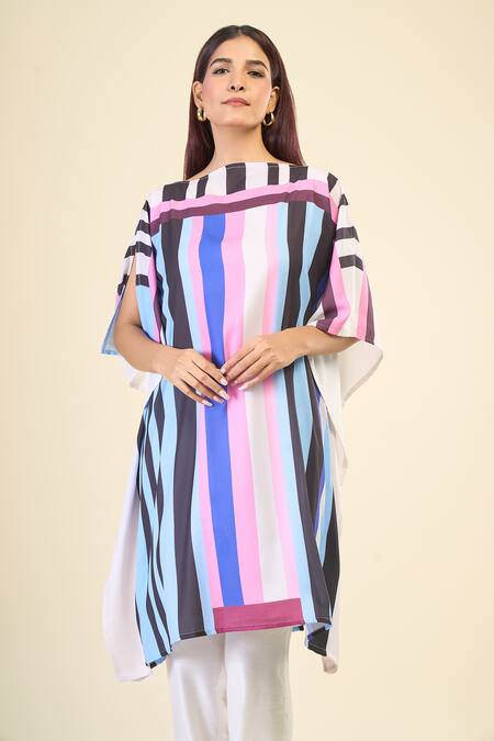Shop_Naintara Bajaj_Multi Color Georgette Boat Neck Stripe Print Asymmetric Short Kaftan _Online_at_Aza_Fashions