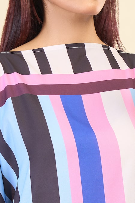 Naintara Bajaj_Multi Color Georgette Boat Neck Stripe Print Asymmetric Short Kaftan _at_Aza_Fashions
