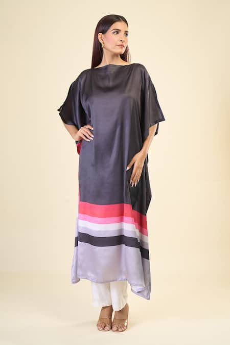 Naintara Bajaj_Black Satin, Silk Boat Neck Evening Stripe Print Slit Sleeve Kaftan _Online_at_Aza_Fashions