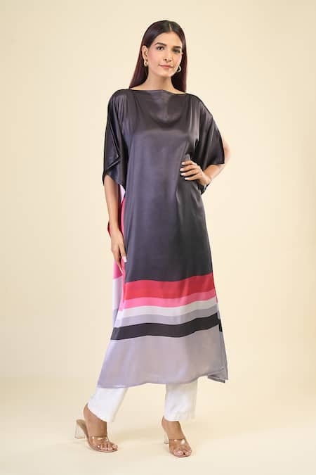 Buy_Naintara Bajaj_Black Satin, Silk Boat Neck Evening Stripe Print Slit Sleeve Kaftan _Online_at_Aza_Fashions
