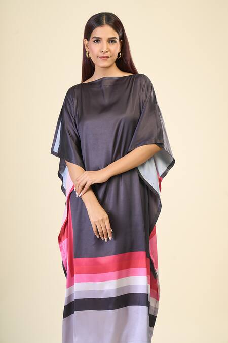 Shop_Naintara Bajaj_Black Satin, Silk Boat Neck Evening Stripe Print Slit Sleeve Kaftan _Online_at_Aza_Fashions