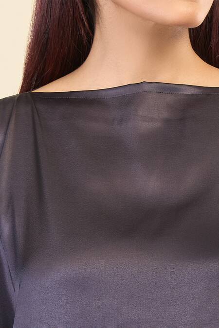 Naintara Bajaj_Black Satin, Silk Boat Neck Evening Stripe Print Slit Sleeve Kaftan _at_Aza_Fashions