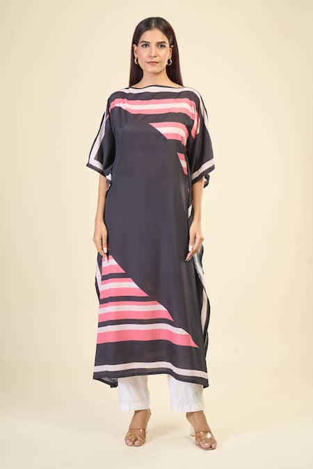 Naintara Bajaj Black Silk, Crepe Boat Neck Placement Stripe Print Kaftan Dress Online at Aza Fashions Naintara Bajaj_Black Silk, Crepe Boat Neck Placement Stripe Print Kaftan Dress _Online_at_Aza_Fashions