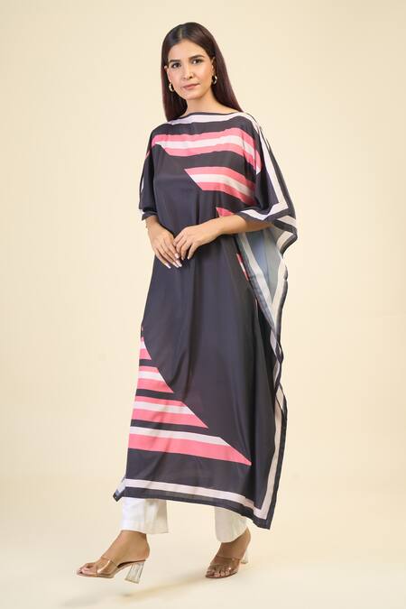 Buy Naintara Bajaj Black Silk, Crepe Boat Neck Placement Stripe Print Kaftan Dress Online at Aza Fashions Buy_Naintara Bajaj_Black Silk, Crepe Boat Neck Placement Stripe Print Kaftan Dress _Online_at_Aza_Fashions