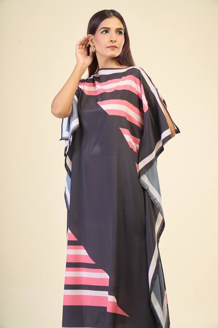 Shop Naintara Bajaj Black Silk, Crepe Boat Neck Placement Stripe Print Kaftan Dress Online at Aza Fashions Shop_Naintara Bajaj_Black Silk, Crepe Boat Neck Placement Stripe Print Kaftan Dress _Online_at_Aza_Fashions