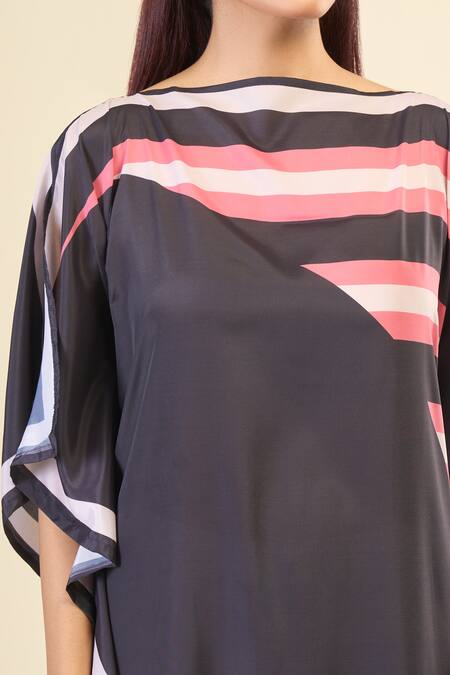 Naintara Bajaj Black Silk, Crepe Boat Neck Placement Stripe Print Kaftan Dress at Aza Fashions Naintara Bajaj_Black Silk, Crepe Boat Neck Placement Stripe Print Kaftan Dress _at_Aza_Fashions
