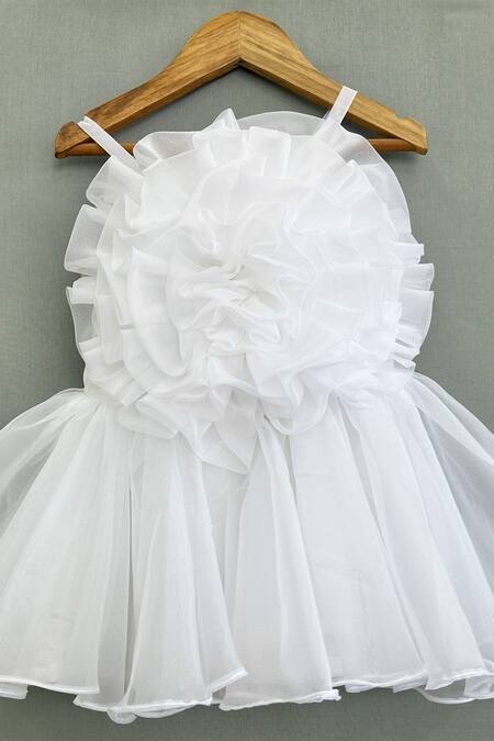Label Neeti_White Organza, Cotton Ruffled Rosette Dress _Online_at_Aza_Fashions