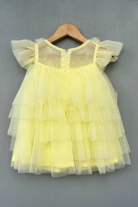 Shop_Label Neeti_Yellow Net, Organza, Cotton Ruffled Rosette Bloom Tiered Dress _at_Aza_Fashions