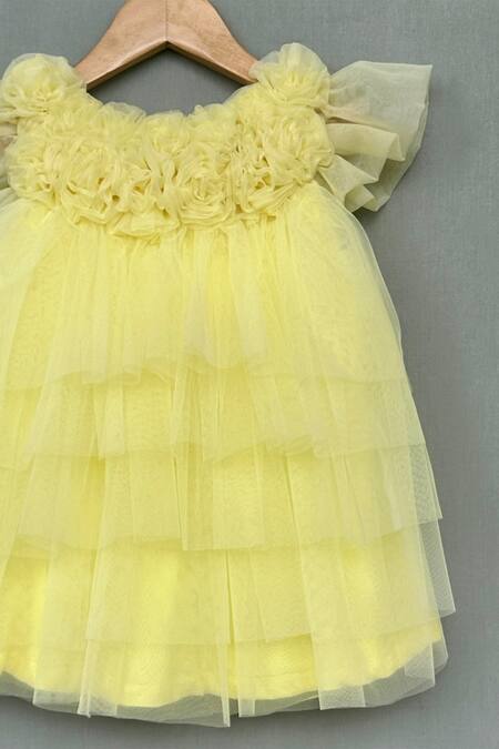 Label Neeti_Yellow Net, Organza, Cotton Ruffled Rosette Bloom Tiered Dress _Online_at_Aza_Fashions