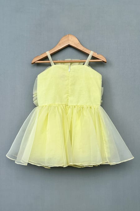 Shop_Label Neeti_Yellow Organza, Cotton Ruffles Rosette Bloom Dress _at_Aza_Fashions