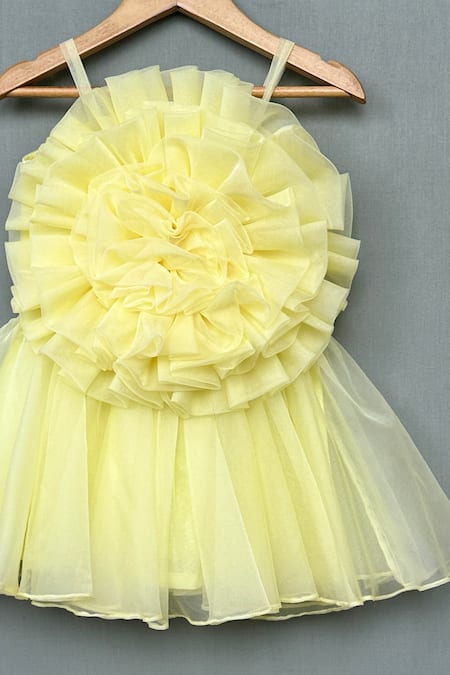 Label Neeti_Yellow Organza, Cotton Ruffles Rosette Bloom Dress _Online_at_Aza_Fashions
