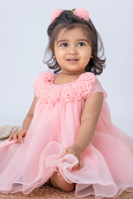 Label Neeti_Pink Organza, Cotton Bloomy Flowy A Line Dress _Online_at_Aza_Fashions