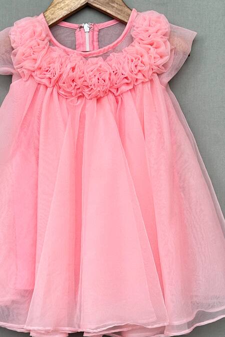 Label Neeti_Pink Organza, Cotton Bloomy Flowy A Line Dress _at_Aza_Fashions