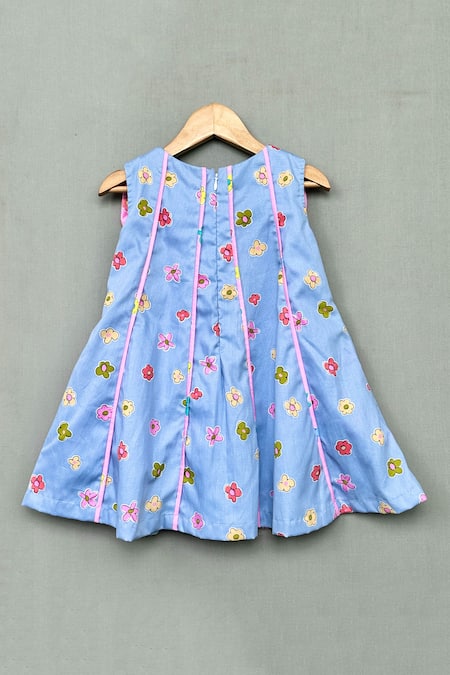 Shop Label Neeti Blue Cotton Bows Floral Breeze Print Dress at Aza Fashions Shop_Label Neeti_Blue Cotton Bows Floral Breeze Print Dress _at_Aza_Fashions
