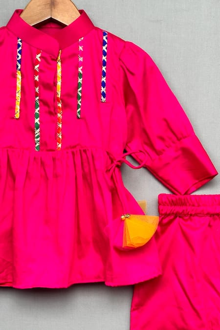 Label Neeti_Pink Satin, Tassels, Ribbons And Embellished Kurti With Patiala _Online_at_Aza_Fashions