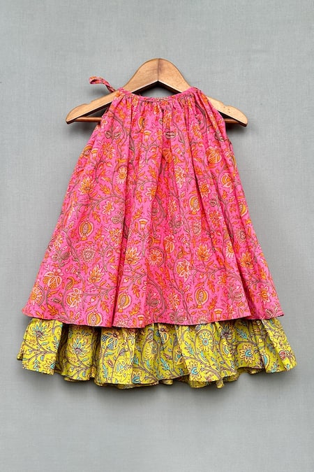 Shop_Label Neeti_Pink Cotton Bows, Tassels Phool Print Halter Neck Layered Dress _at_Aza_Fashions