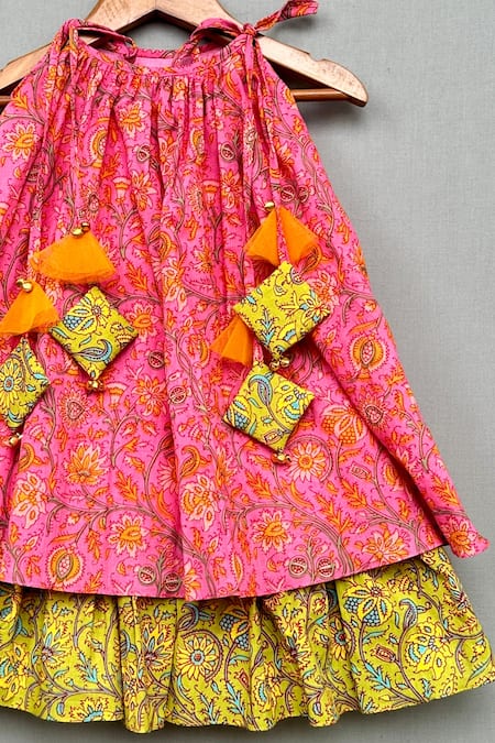 Label Neeti_Pink Cotton Bows, Tassels Phool Print Halter Neck Layered Dress _Online_at_Aza_Fashions