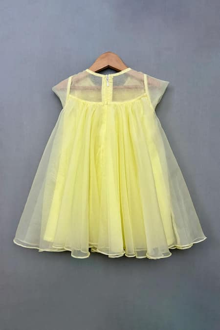 Shop_Label Neeti_Yellow Organza, Cotton Pearls Ruffled Rosa Bloom A Line Dress _at_Aza_Fashions