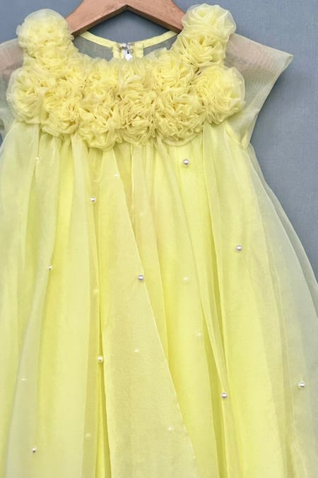 Label Neeti_Yellow Organza, Cotton Pearls Ruffled Rosa Bloom A Line Dress _Online_at_Aza_Fashions