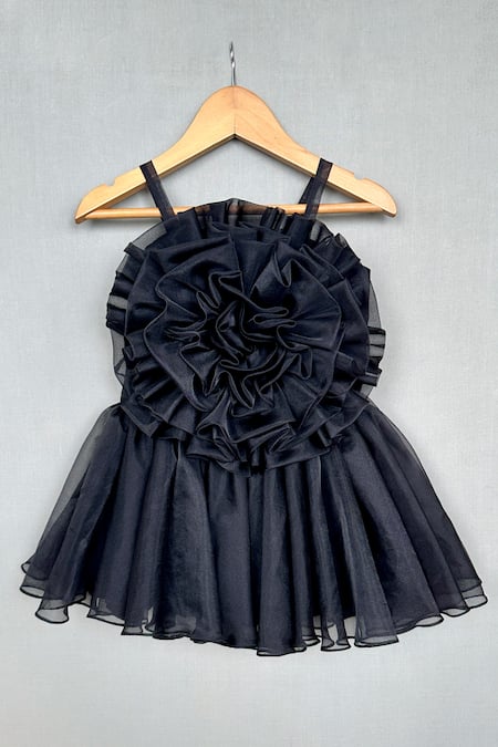 Label Neeti Black Organza Lining Cotton Tafetta Ruffled Rosa Bodice Dress 