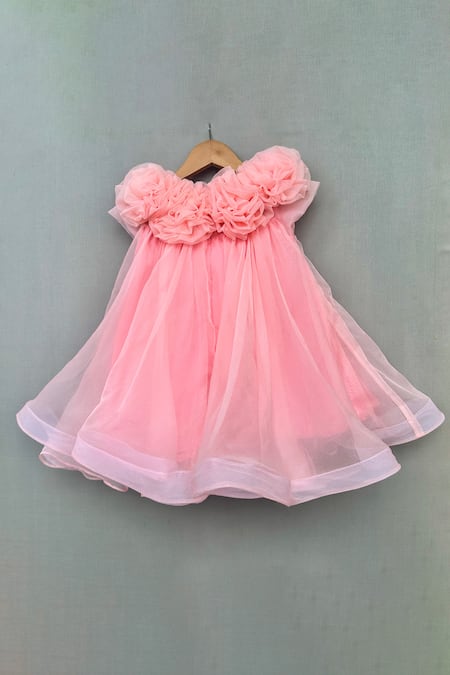 Shop_Label Neeti_Peach Organza, Cotton Pearls Rosa Flora Neckline A Line Dress _at_Aza_Fashions