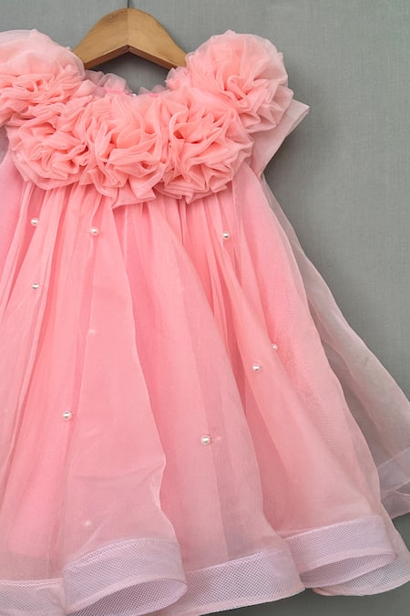 Label Neeti_Peach Organza, Cotton Pearls Rosa Flora Neckline A Line Dress _Online_at_Aza_Fashions