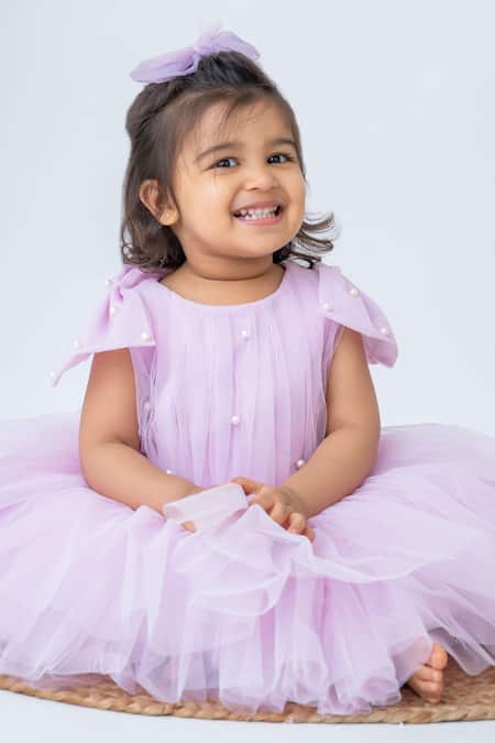 Label Neeti_Purple Net, Cotton Pearls Pleated Bodice Embellished Dress _Online_at_Aza_Fashions