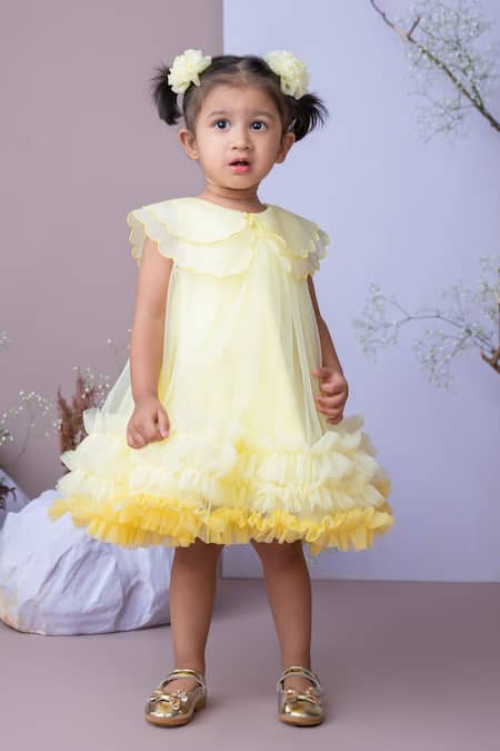 Label Neeti Yellow Organza Lining Cotton Tafetta Scallop Cape Collar Ruffled Hem Dress 