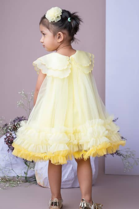 Shop_Label Neeti_Yellow Organza, Cotton Ruffles Scallop Cape Collar Hem Dress _at_Aza_Fashions