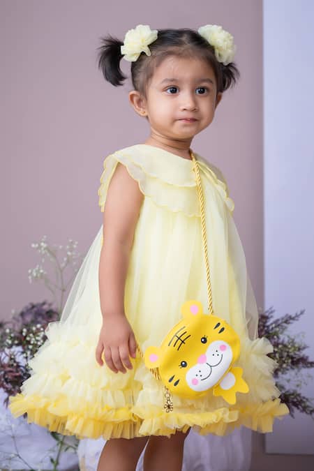 Label Neeti_Yellow Organza, Cotton Ruffles Scallop Cape Collar Hem Dress _Online_at_Aza_Fashions