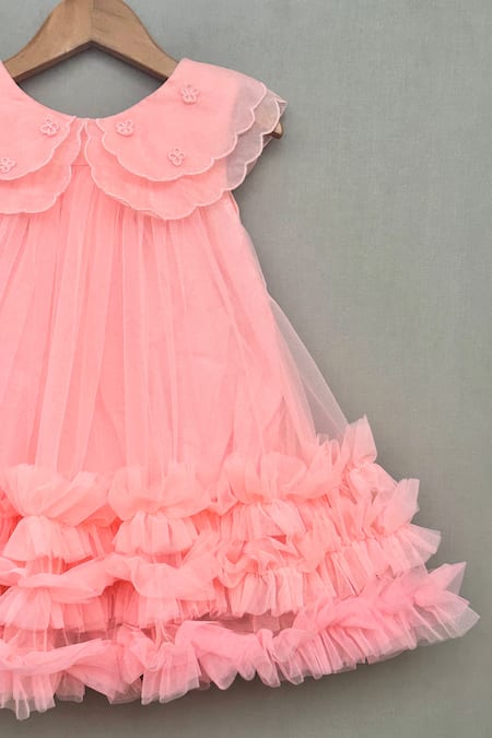 Shop Label Neeti Pink Net, Organza, Cotton Scalloped Cape Collar Ruffled Hem Dress at Aza Fashions Shop_Label Neeti_Pink Net, Organza, Cotton Scalloped Cape Collar Ruffled Hem Dress _at_Aza_Fashions