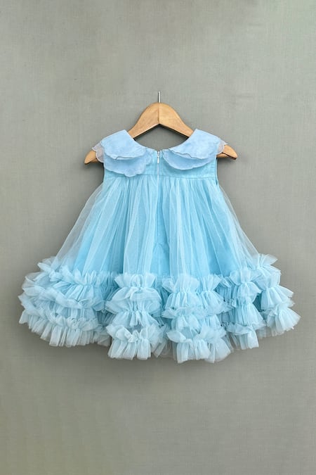 Shop_Label Neeti_Blue Net, Organza, Cotton Scalloped Cape Collar A Line Ruffled Hem Dress _at_Aza_Fashions