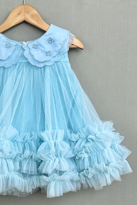 Label Neeti_Blue Net, Organza, Cotton Scalloped Cape Collar A Line Ruffled Hem Dress _Online_at_Aza_Fashions