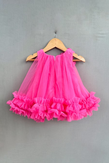 Shop_Label Neeti_Pink Net, Satin, Cotton Pearls 3d Bloom Embellished Ruffled Dress _at_Aza_Fashions