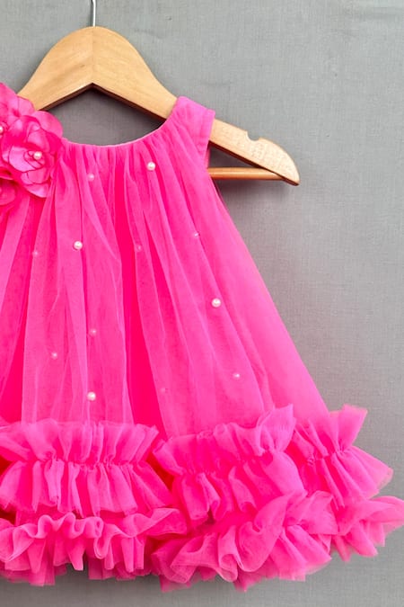 Label Neeti_Pink Net, Satin, Cotton Pearls 3d Bloom Embellished Ruffled Dress _Online_at_Aza_Fashions